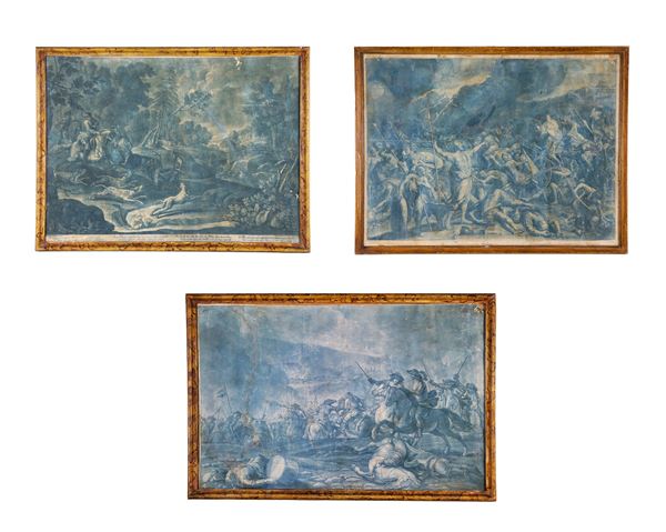 Lot of three ancient engravings "Battle scenes"
