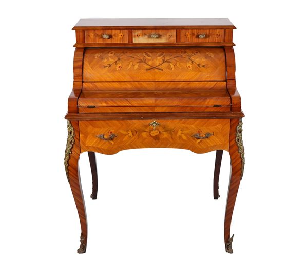 French roller writing desk in bois de rose and purple ebony, with inlays with intertwining floral motifs