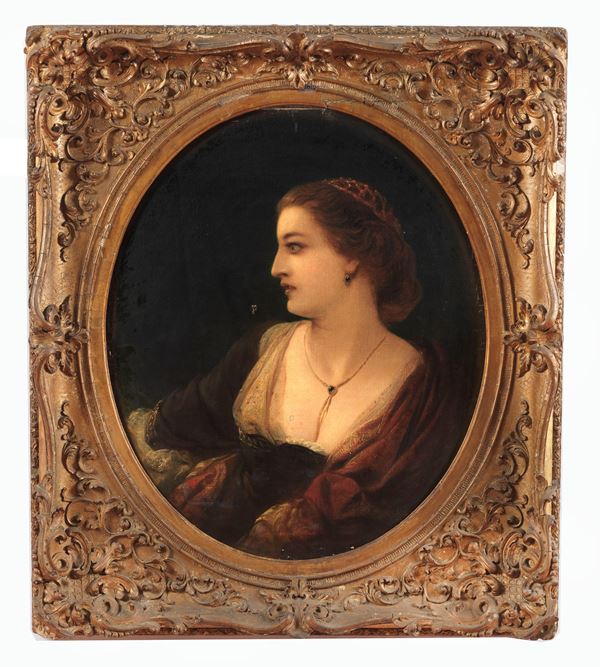 Scuola Italiana XVIII Secolo - "Portrait of a young noblewoman", oval oil painting on canvas