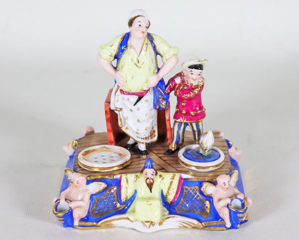 French inkwell in polychrome porcelain "Innkeeper with child"