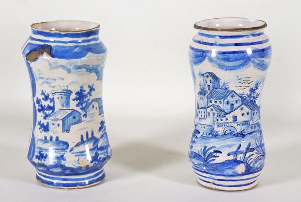 Pair of pharmacy albarelli in Savona majolica, with blue decorations with landscape motifs
