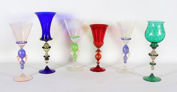 Lot of six goblet glasses in Murano blown glass, in various colors with worked stems