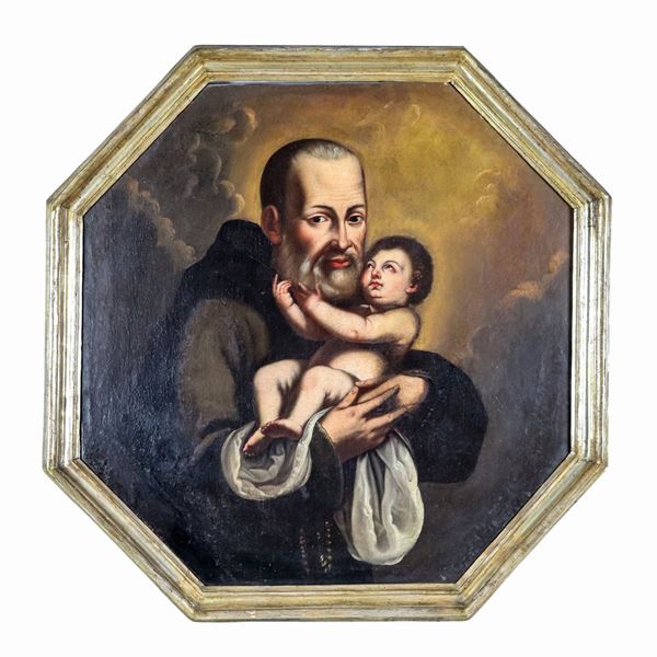 Scuola Italiana Inizio XVIII Secolo - "Santo con Bambinello", dipinto ottagonale ad olio su tela