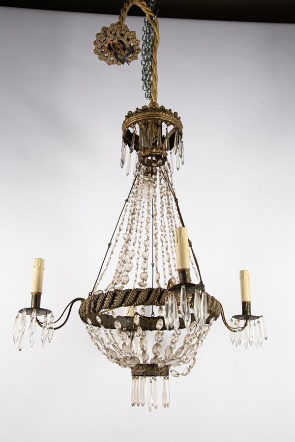 Copper chandelier with crystal prisms