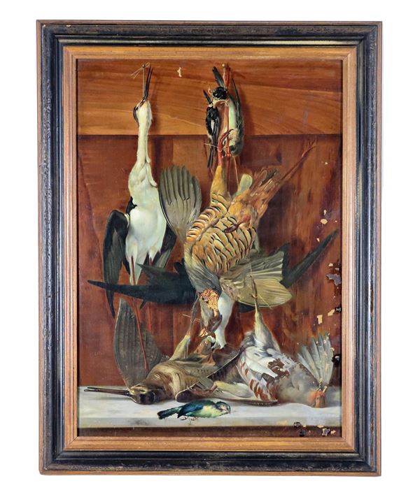Pittore Italiano XIX Secolo - Firmato. "Natura morta di cacciagione", dipinto ad olio su tela