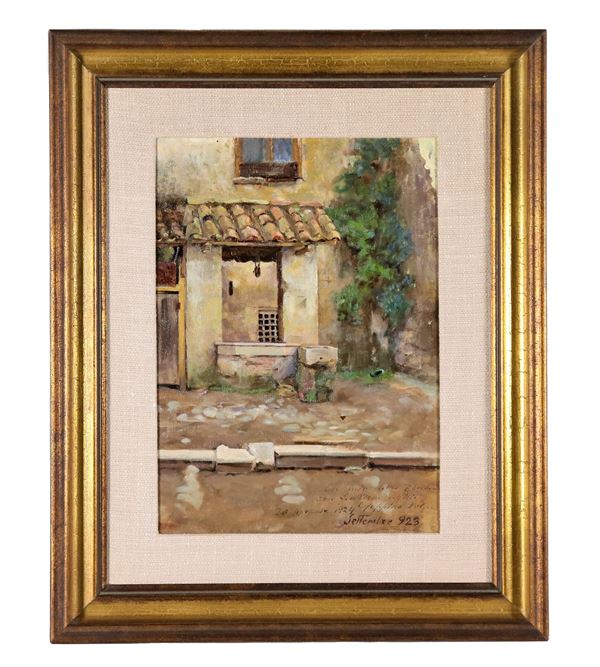 Geppino Volpe - Signed and dedicated. "Interior of a courtyard with a well", oil painting on canvas