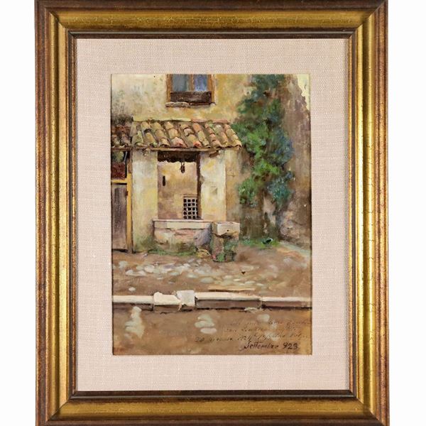 Geppino Volpe - Firmato e dedicato 1924. "Interno di cortile con pozzo", dipinto ad olio su tela