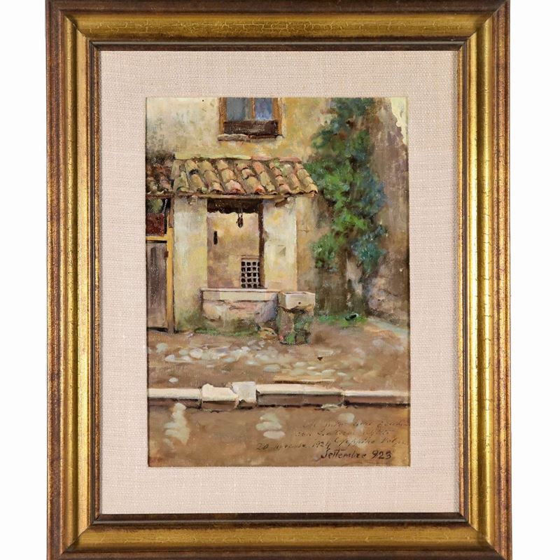 Firmato e dedicato. "Interno di cortile con pozzo", dipinto ad olio su tela