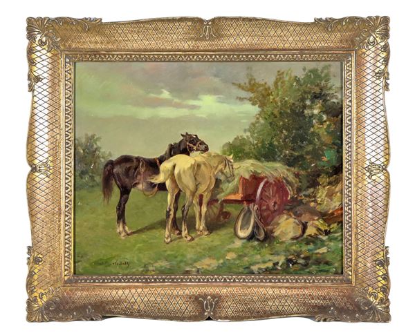 Tito Corbella - Signed. "Horses with cart and hay", oil painting on masonite