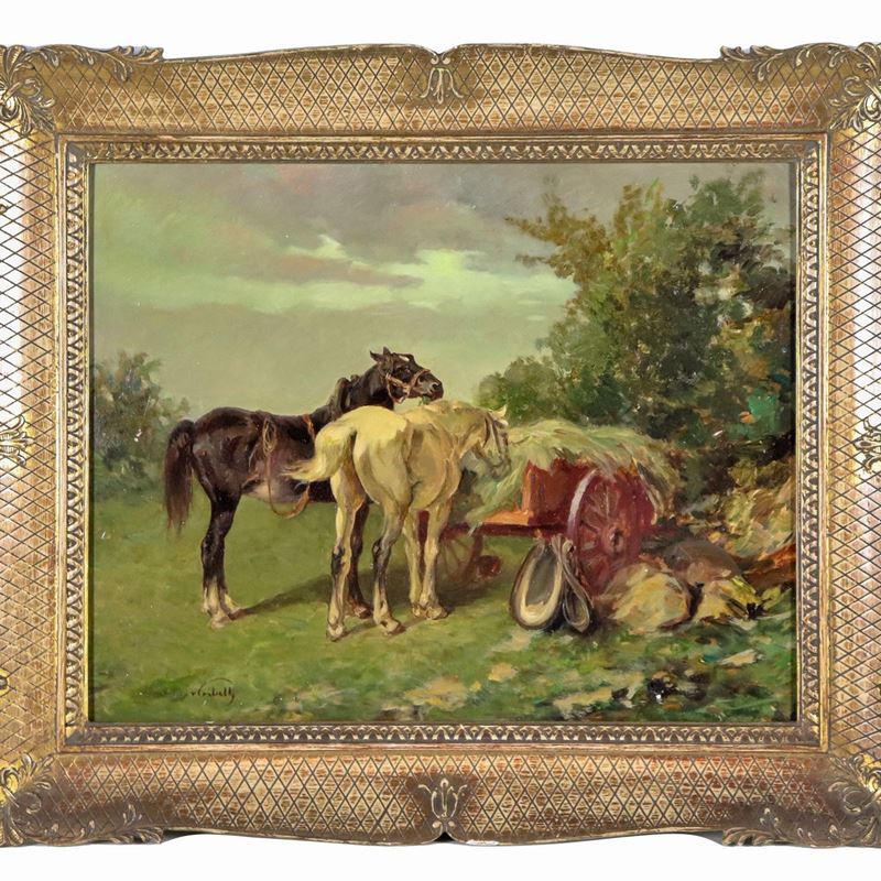 Firmato. "Cavalli con carretto e fieno", dipinto ad olio su masonite