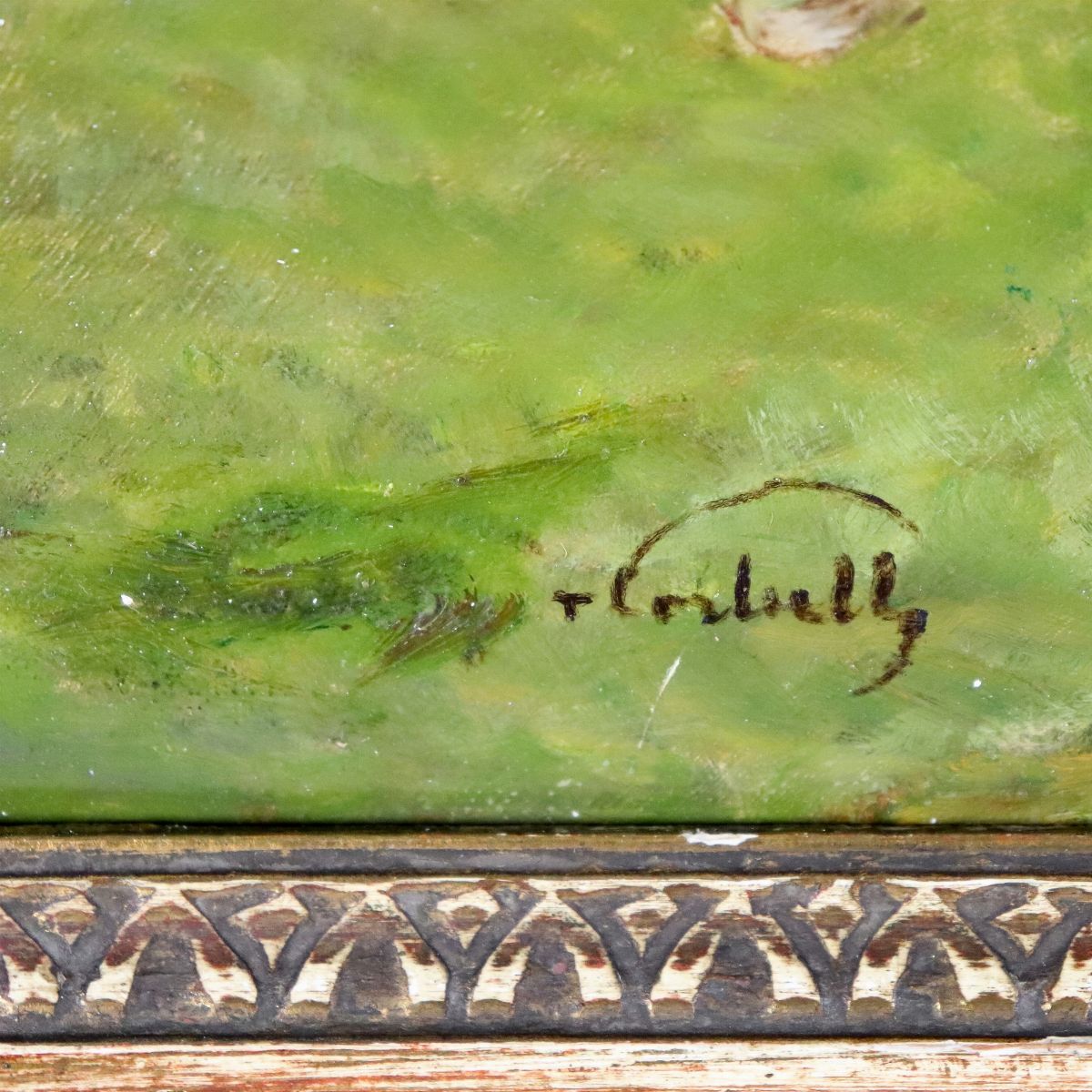 Firmato. "Cavalli con carretto e fieno", dipinto ad olio su masonite