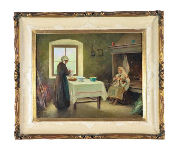 Tito Corbella - Signed. "Kitchen interior with fireplace and peasant women", oil painting on masonite