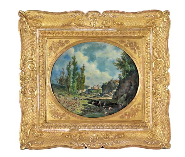 Pittore Italiano XIX Secolo - "View near Florence", small oval oil painting on plywood