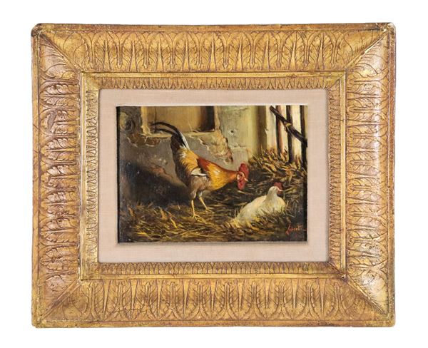 Valerico Laccetti - Firmato. "Interno di pollaio con galli e galline", piccolo dipinto ad olio su tela