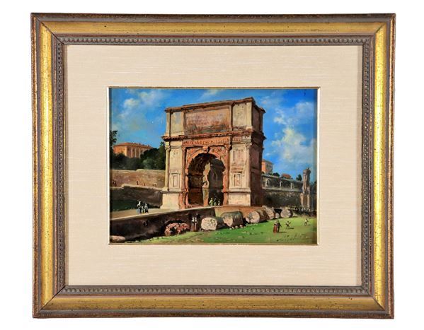 Pittore Italiano XIX Secolo - Firmato. "Veduta dell'Arco di Tito", piccolo dipinto ad olio su tavoletta