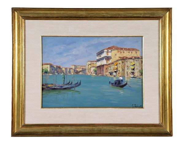 Salviati G. Attivo Inizio XX Secolo - Firmato. "Veduta di Venezia con gondoliere", piccolo dipinto ad olio su cartone