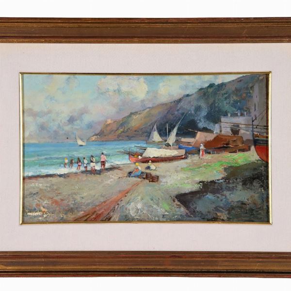 Pittore Italiano Inizio XX Secolo - "Marina with fishermen pulling their nets", small oil painting on cardboard