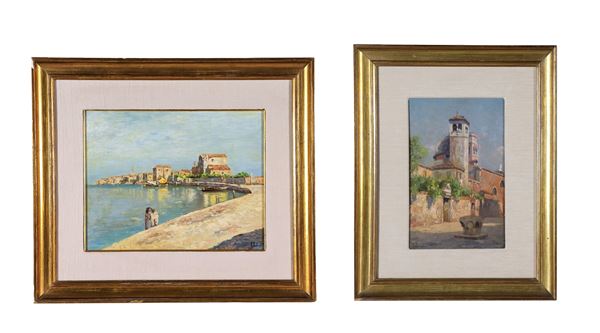 Salviati G. Attivo Inizio XX Secolo - Signed. "Glimpse of Pellestrina" and "Glimpse of the Church of San Rocco in Chiavari", lot of two small oil paintings on plywood