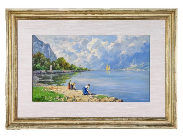 Salviati G. Attivo Inizio XX Secolo - Firmato. "Veduta di lago con le lavandaie", piccolo dipinto ad olio su cartone pressato
