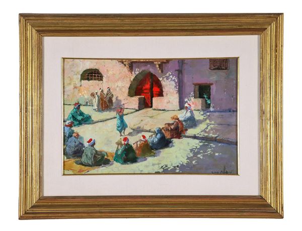 Gino Albieri - Firmato. "Festa Araba", piccolo dipinto ad olio su compensato
