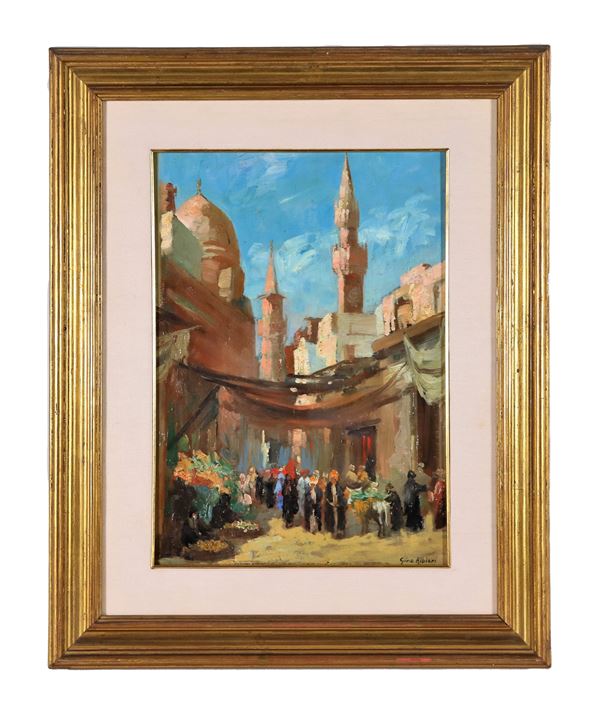 Gino Albieri - Signed. "Arab Market", small oil painting on plywood
