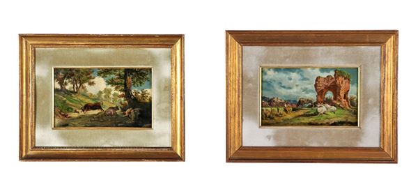 Pittore Italiano XIX Secolo - Signed. "Landscapes with shepherds and herds", lot of two small oil paintings on plywood