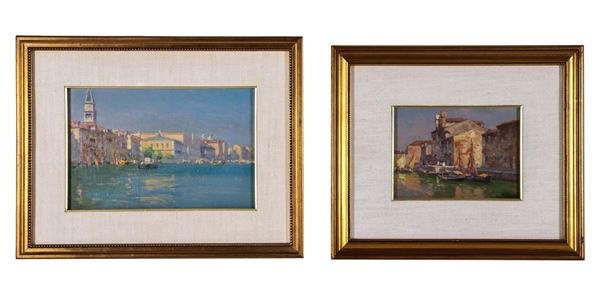 Salviati G. Attivo Inizio XX Secolo - Signed. "Views of Venice", lot of two small oil paintings on plywood