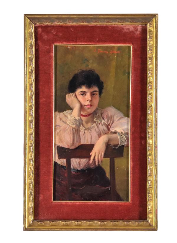 Filippo Taccone Gallucci  - Pittore Italiano Fine XIX Secolo - Firmato. "Ritratto di giovane ragazza seduta", piccolo dipinto ad olio su compensato