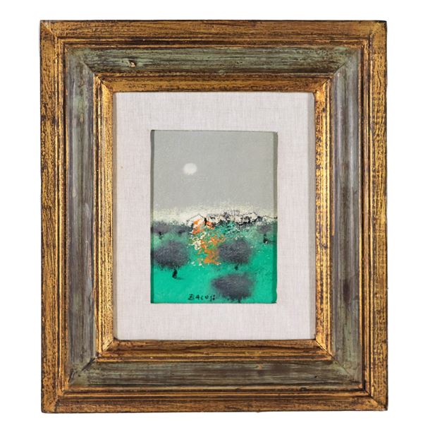 Manlio Bacosi - Firmato. "Paesaggio con la luna", piccolo dipinto ad olio su tela applicata a cartone