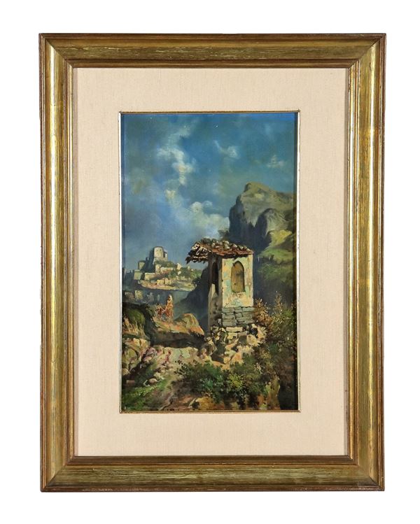 Pittore Italiano XIX Secolo - Firmato. "Edicola con contadina presso Subiaco", piccolo dipinto ad olio su compensato
