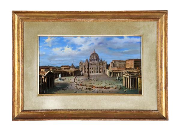 Pittore Italiano XIX Secolo - "Veduta di Piazza San Pietro", piccolo dipinto ad olio su tavoletta