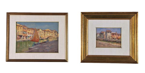 Salviati G. Attivo Inizio XX Secolo - Signed. "Glimpses of Chioggia with canals", lot of two small oil paintings on plywood