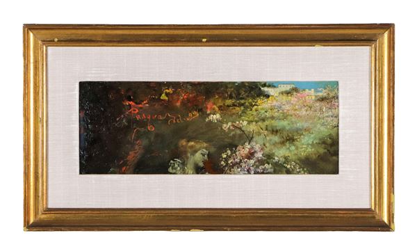 Pittore Italiano XIX Secolo - Firmato. "Paesaggio fiorito per la Pasqua del 1893", piccolo dipinto ad olio su compensato
