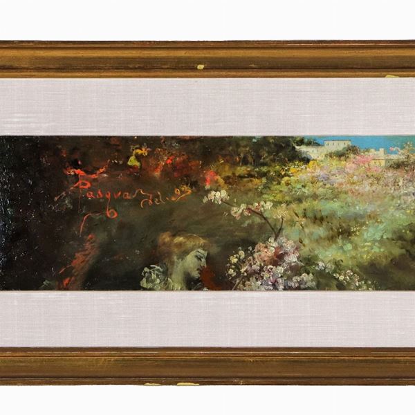 Pittore Italiano XIX Secolo - Firmato. "Paesaggio fiorito per la Pasqua del 1893", piccolo dipinto ad olio su compensato