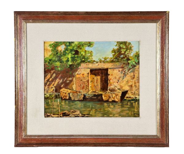 Salviati G. Attivo Inizio XX Secolo - Signed. "Stream with moored boat", small oil painting on plywood