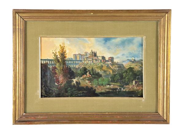 Pittore Italiano XIX Secolo - Firmato. "Veduta di Ariccia con il ponte", piccolo dipinto ad olio su tavoletta