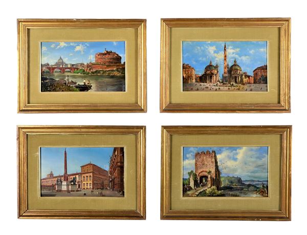 Pittore Italiano XIX Secolo - Traces of signatures. "Views of Rome", lot of four small oil paintings on panel