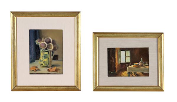 Scuola Italiana XX Secolo - Signed. "Jug with flowers" and "Interior with set table", lot of two small oil paintings on plywood and cardboard