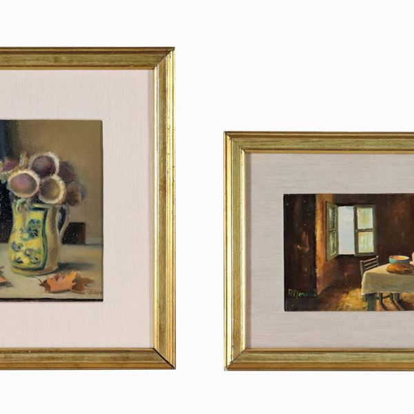 Scuola Italiana XX Secolo - Firmati. "Brocca con fiori" e "Interno con tavola apparecchiata", lotto di due piccoli dipinti ad olio su compensato e cartone