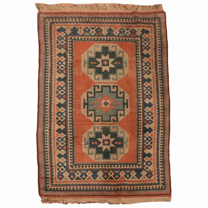 Tappeto Baluchi a disegni geometrici su fondo ocra, blu e avana, M. 2,10 x 1,35