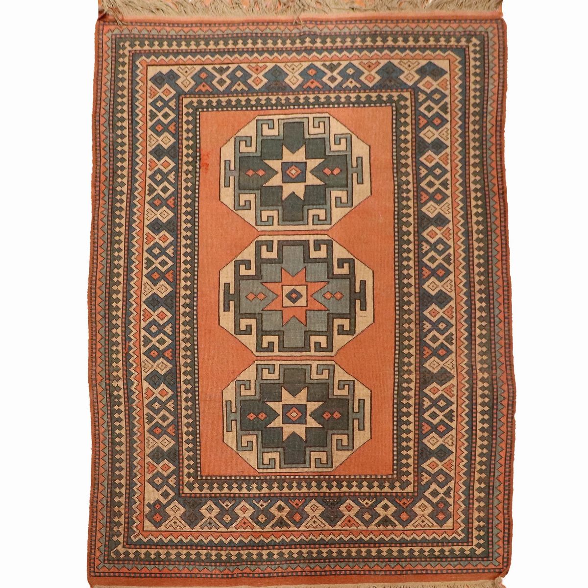 Tappeto Baluchi a disegni geometrici su fondo ocra, blu e avana, M. 2,10 x 1,35