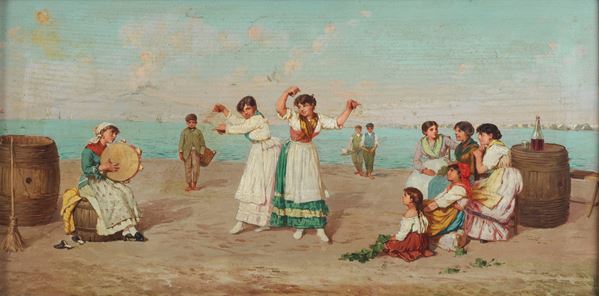 Luigi Palumbo - Attribuito. "La tarantella napoletana", piccolo dipinto ad olio su tavoletta di brillante tratto pittorico