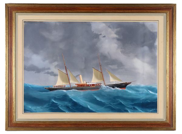 Pittore Europeo XX Secolo - Firmata e datata 1903. "Piroscafo a vela in navigazione", gouache su carta