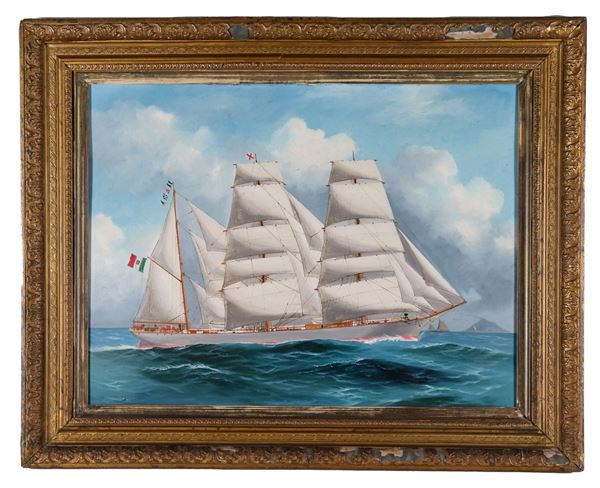 Scuola Italiana Inizio XX Secolo - "Three-masted sailing ship at sea", oil painting on pressed cardboard