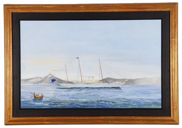 Antonio De Simone - Firmata. "Veliero in navigazione nel golfo di Napoli con il Vesuvio", gouache su carta