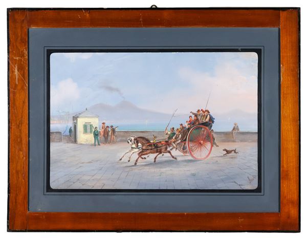 Emmanuel Meuris - Firmata. "Veduta del Vesuvio con carrozza e popolani", gouache su carta