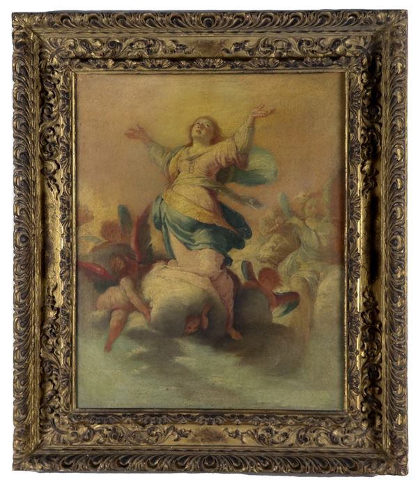 Scuola Napoletana Inizio XVIII Secolo - "Ascensione della Madonna con angeli", dipinto ad olio su tela
