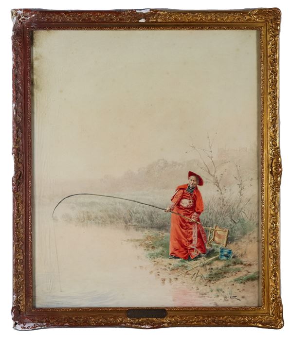 Alfred Weber - "La pesca del Cardinale", acquarello su carta di fine qualità pittorica