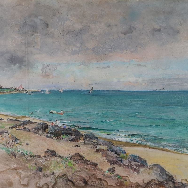 Firmato. "Marina con veduta di costa", dipinto ad olio e pastelli su compensato, in basso tracce ...