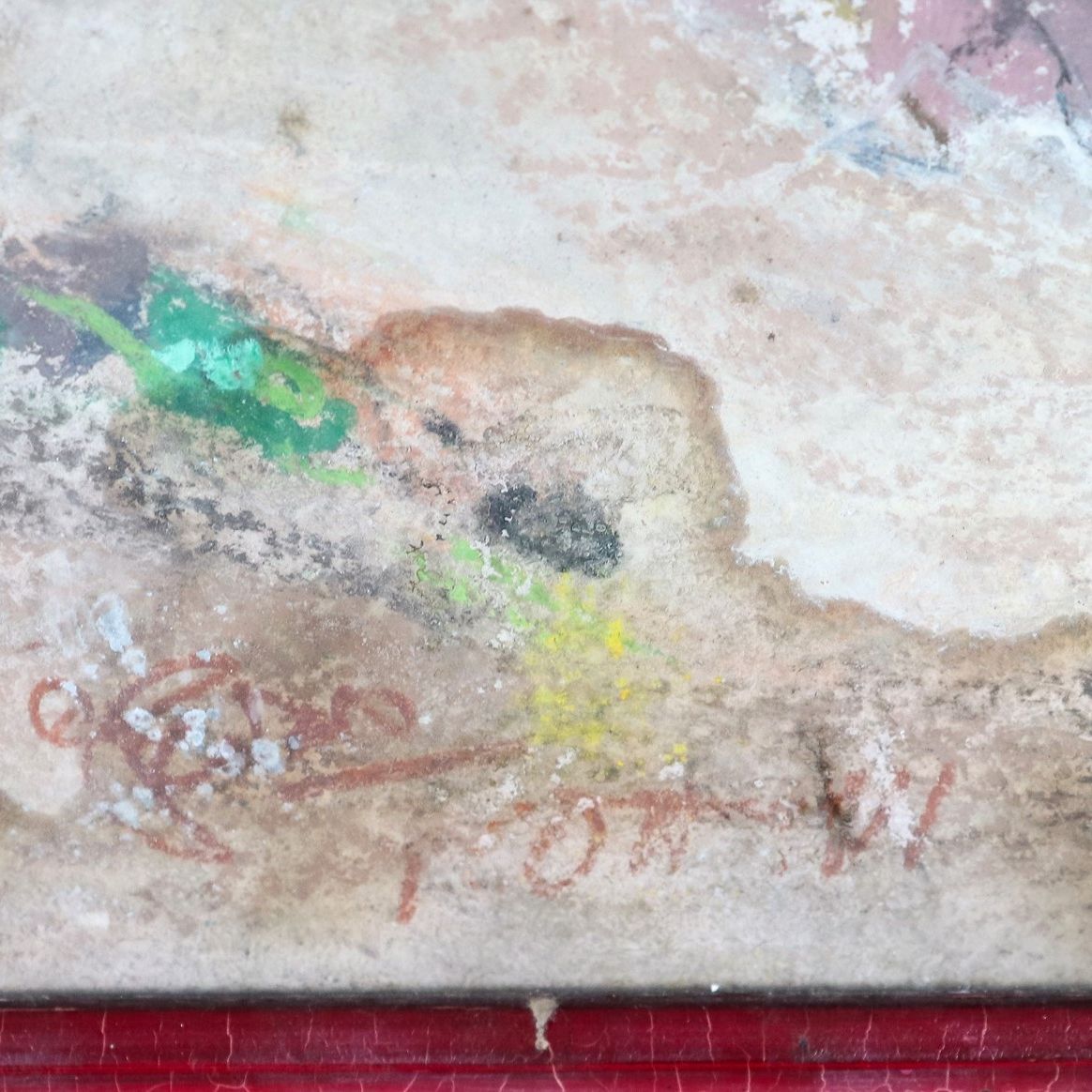 Firmato. "Marina con veduta di costa", dipinto ad olio e pastelli su compensato, in basso tracce ...